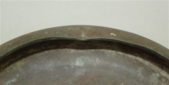 A Chinese bronze and silver inlaid tripod censer, Ding, 19th century, 18cm, rim dent